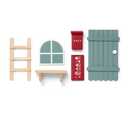 Kit porte de lutin miniature avec échelle en bois, fenêtre, boîte aux lettres et paillasson.