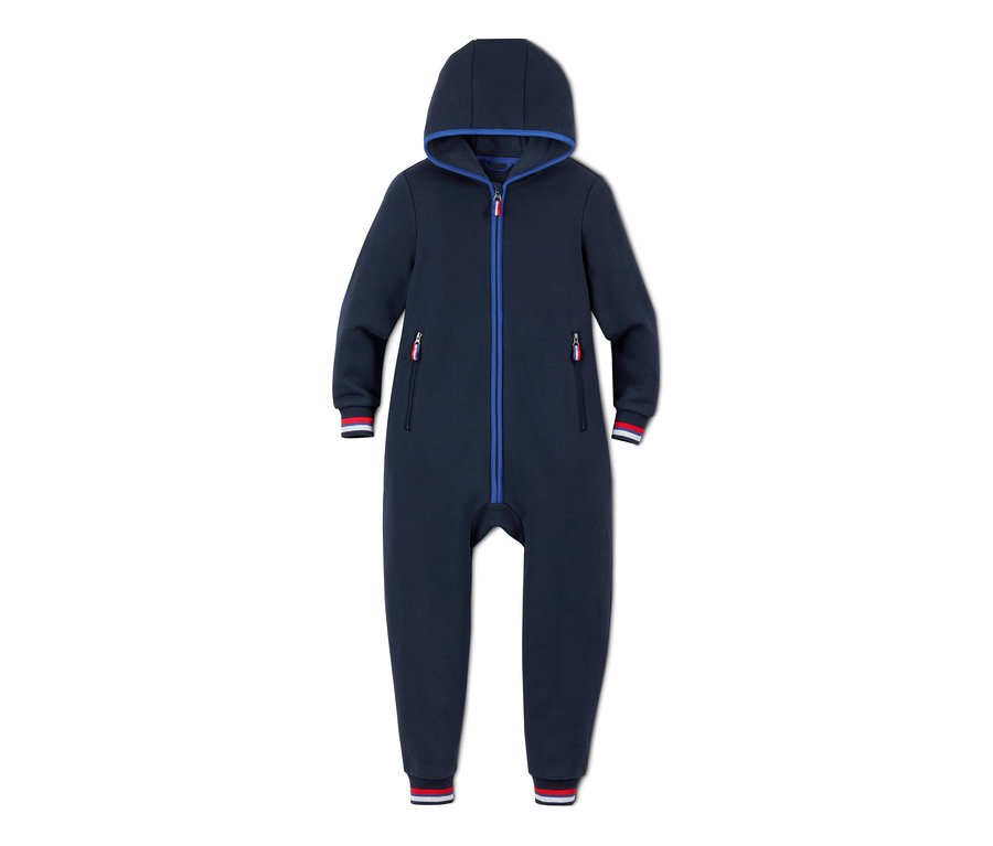 Combinaison d’intérieur bleu marine avec capuche et fermeture éclair.