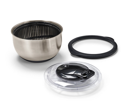 Essoreuse à salade en inox avec couvercle démontée.