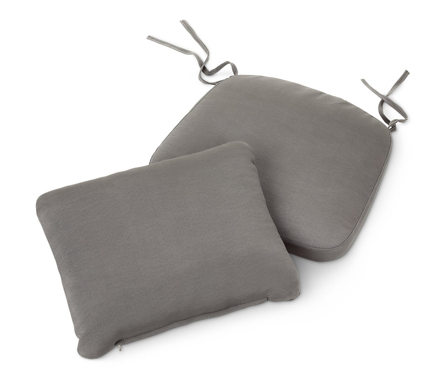 Deux coussins de siège gris, un carré et un avec des attaches.