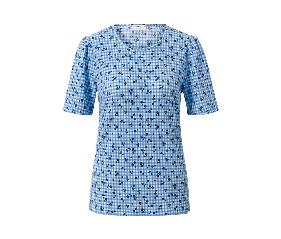 Blouse bleue avec imprimé intégral.