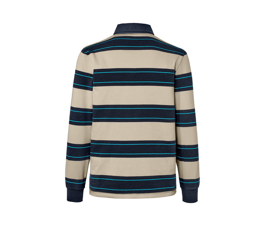 Vue détaillée de l'arrière d'un polo à manches longues à rayures beiges et bleu marine avec des accents bleu clair.
