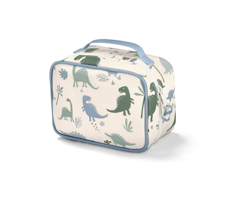 Trousse à pharmacie carrée avec bordure bleue et motif de dinosaures sur fond blanc.