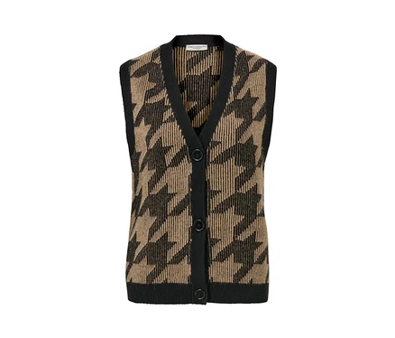 Veste sans manches en maille à jacquard pied-de-poule avec bordure noire et boutons.