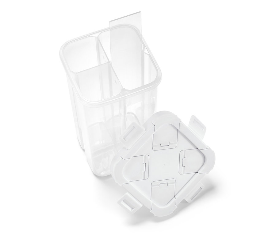 Boîte de rangement transparente 4 en 1 avec couvercle ouvert.