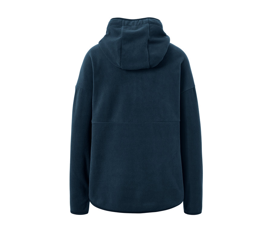 Vue arrière d'un pull en polaire à capuche bleu marine.