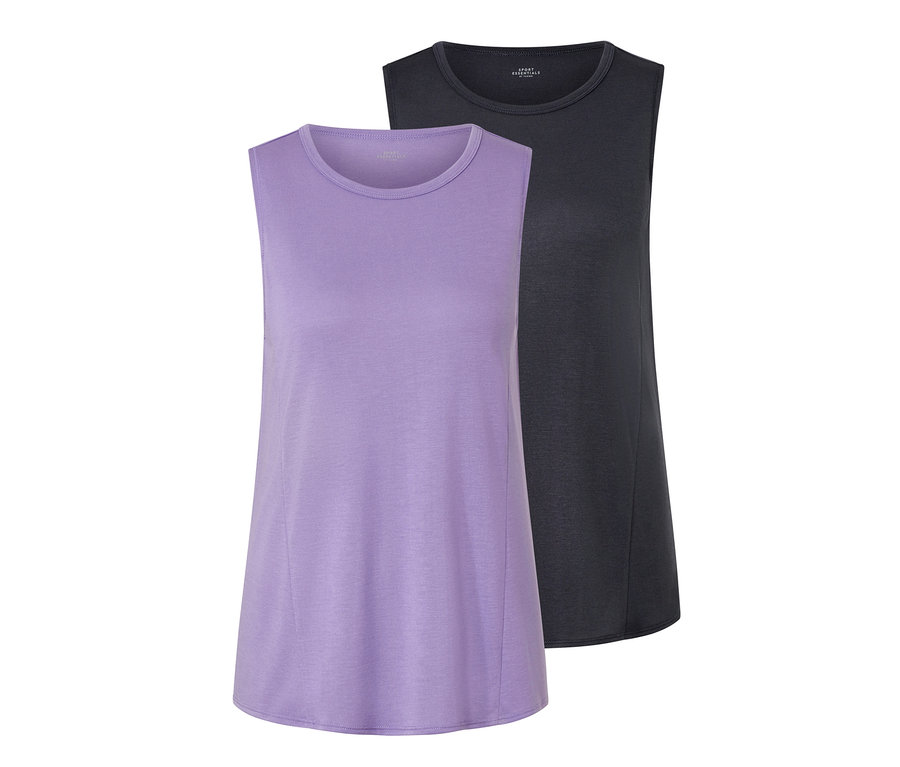 Deux tops de sport, lilas et anthracite, sont placés côte à côte.