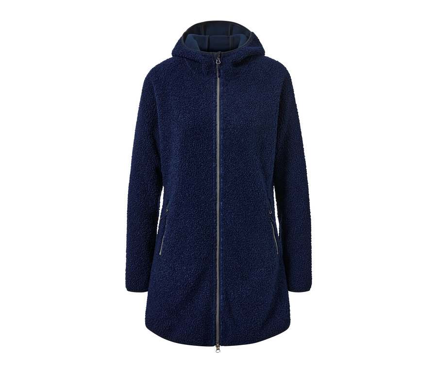 Manteau teddy à capuche bleu marine avec fermeture éclair sur le devant.