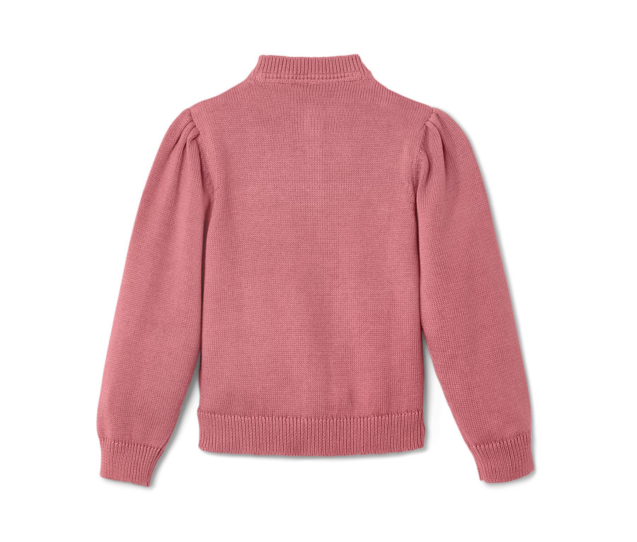 Détail d'une jaquette en maille rose pour enfant.