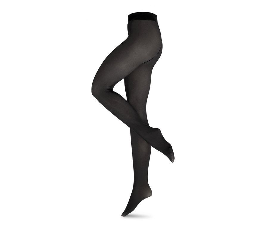 Jambes portant des collants fins doublés en aspect transparent.