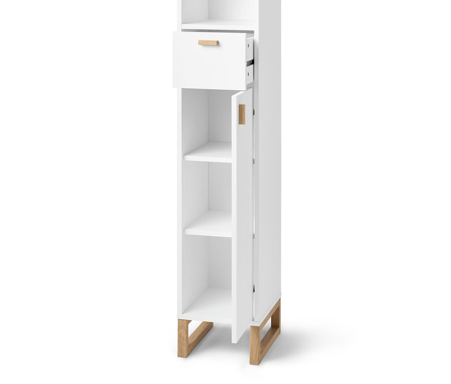Vue détaillée d'une armoire haute de salle de bain étroite avec étagère ouverte, tiroir et porte.