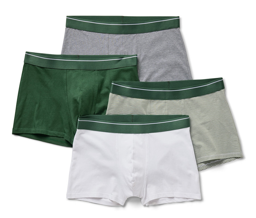 Quatre boxers : gris, vert, rayé et blanc.