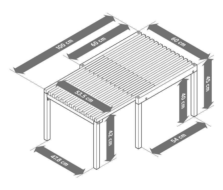 Schéma des dimensions d'une table basse extensible « Tinus ».
