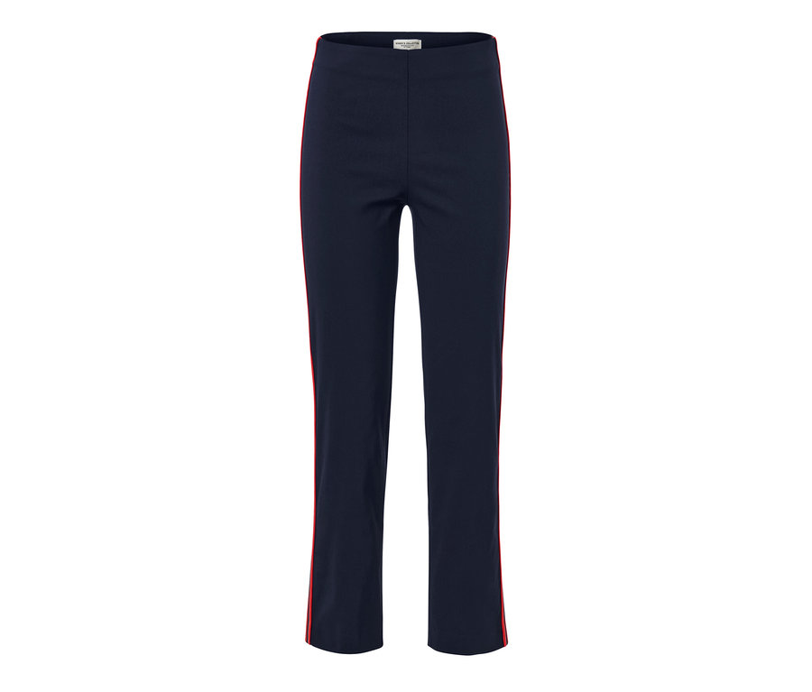 Pantalon stretch bleu marine avec des galons rouges sur les côtés.