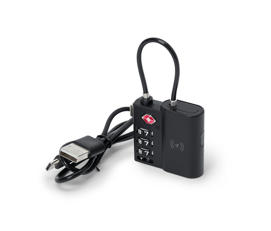 Un cadenas intelligent TSA noir avec tracker et câble USB.