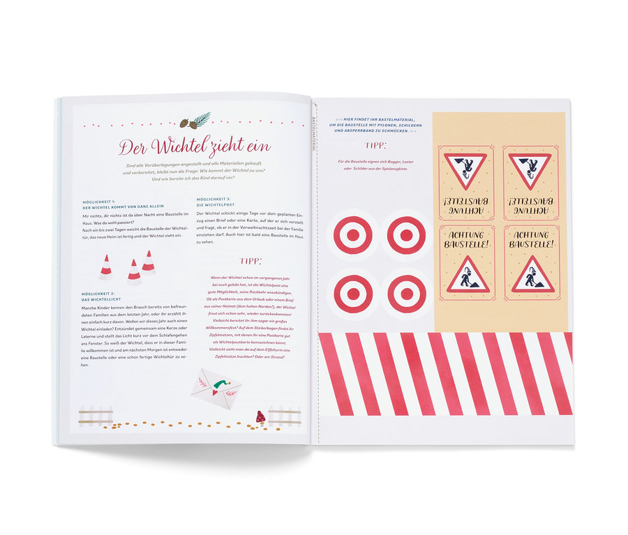 Livre ouvert avec illustrations et texte, comprenant des autocollants avec des cônes de signalisation et des panneaux d'avertissement. Le livre s'intitule « Hurra, ein Wichtel zieht ein! » (en allemand).