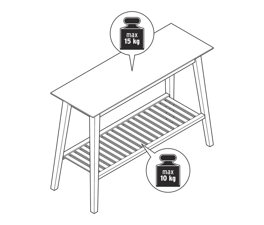 Dessin d'une console avec 2 étagères en bois de frêne.