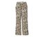 Un pantalon imprimé à taille élastique avec un motif de feuilles blanches sur fond marron.