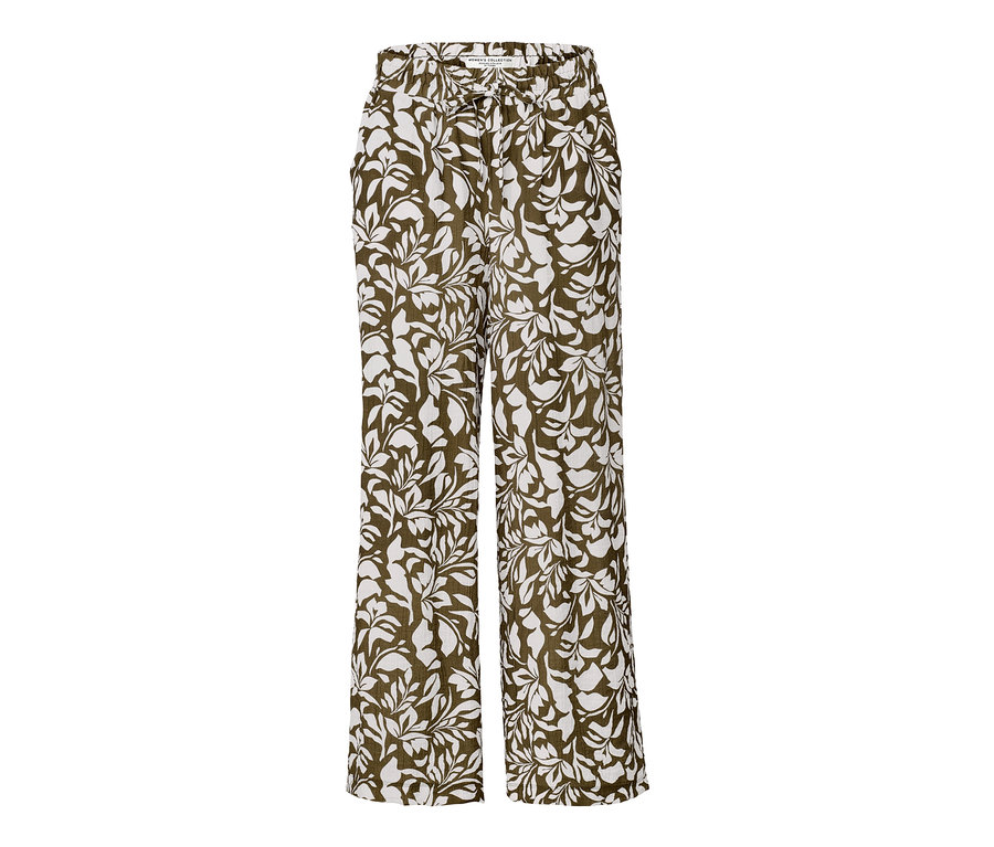 Un pantalon imprimé à taille élastique avec un motif de feuilles blanches sur fond marron.