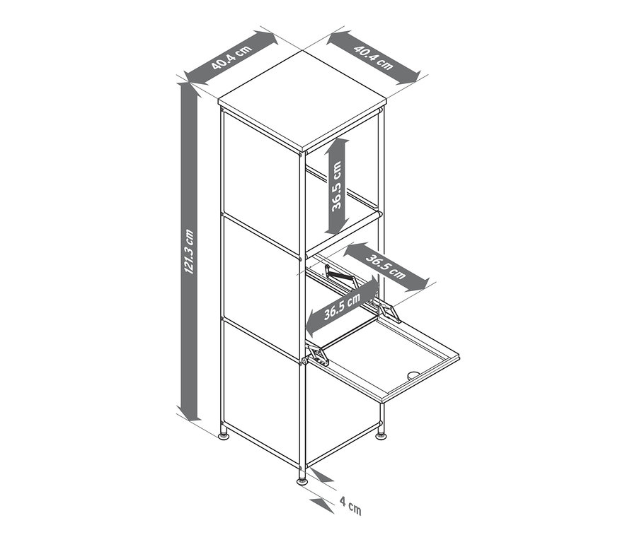 Dessin d'une commode étroite en métal « CN3 » blanche avec plateau en bois et deux abattants.