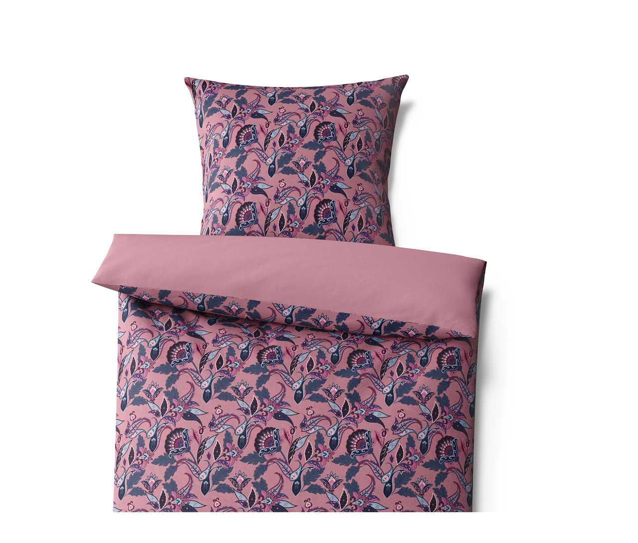 Parure de lit rose en jersey d'hiver avec motif de fleurs et de feuilles.