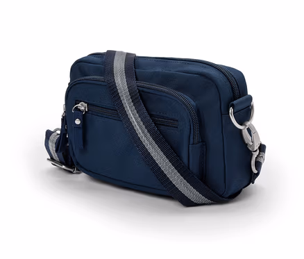 Sac de sécurité à bandoulière bleu marine avec fermeture éclair argentée et bandoulière rayée.