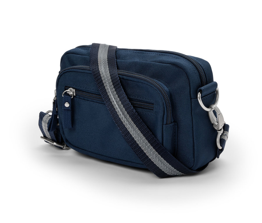 Sac de sécurité à bandoulière bleu marine avec fermeture éclair argentée et bandoulière rayée.