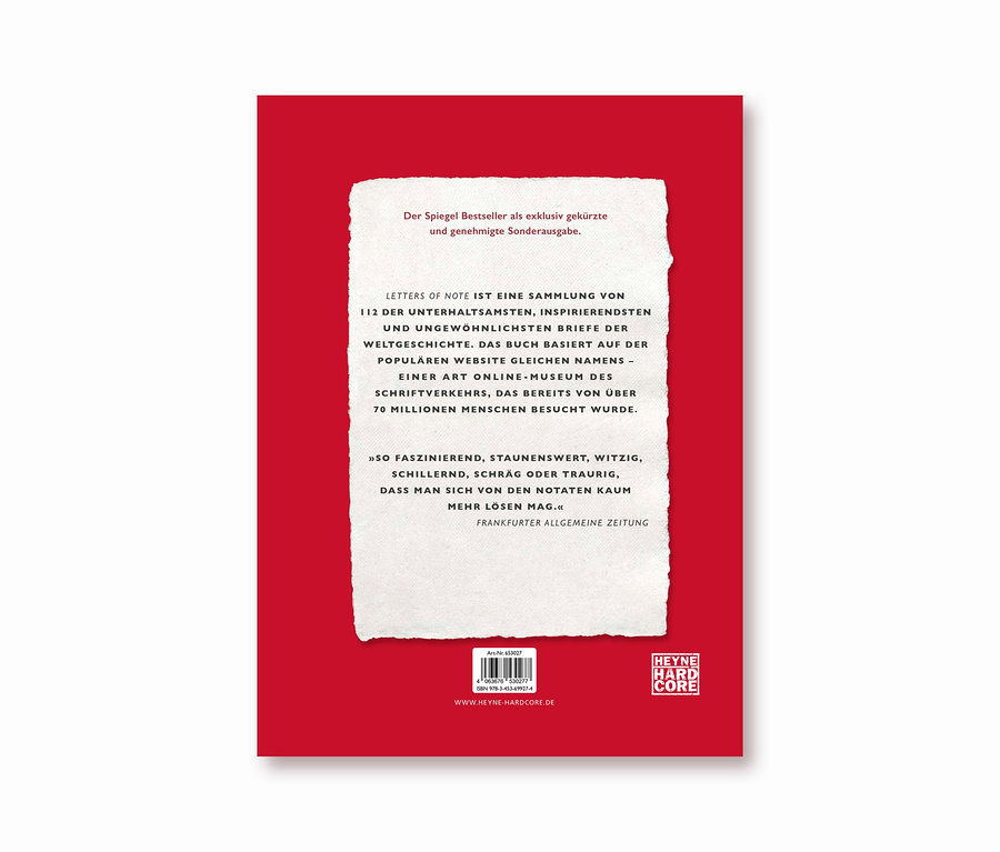 La couverture du livre « Letters of Note - lettres qui représentent le monde » sur fond rouge.