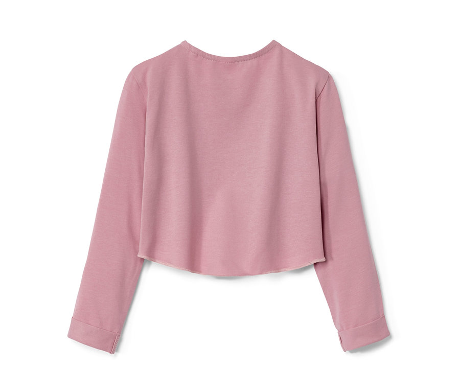 Veste boléro rose pour bébé à manches longues sur fond blanc.