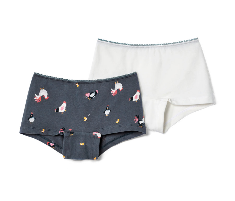 Deux culottes pour filles : une grise avec des motifs de poulets et de pingouins, une blanche.