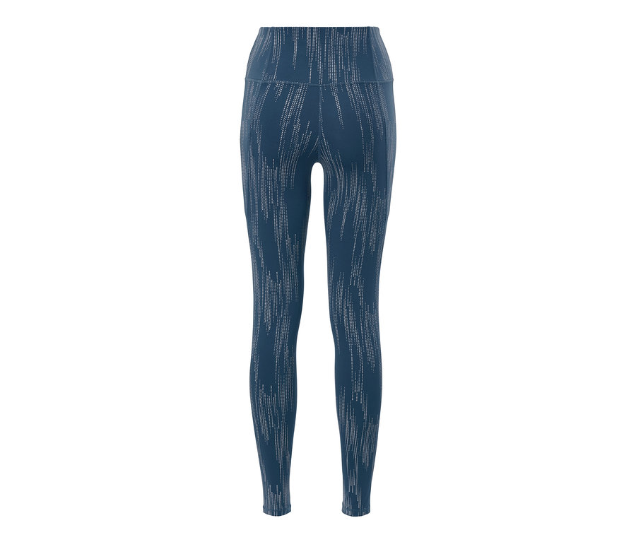 Legging de sport bleu avec motif réfléchissant argenté.