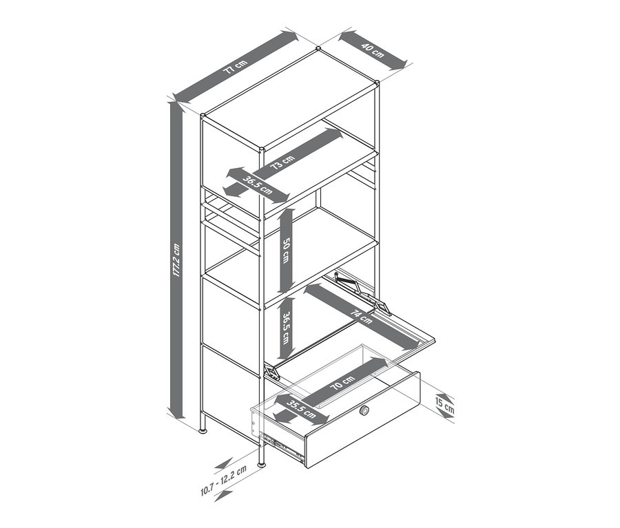 Schéma d'une étagère en métal « CN3 » avec 1 abattant et 2 tiroirs, comprenant les dimensions.