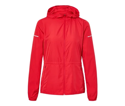 Une veste de course légère rouge avec capuche et détails réfléchissants.
