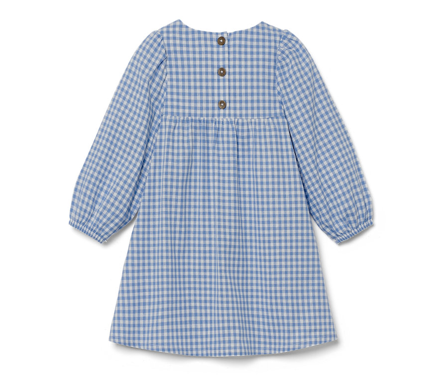 Robe tissée pour enfant à carreaux bleus avec manches longues et boutons dans le dos.
