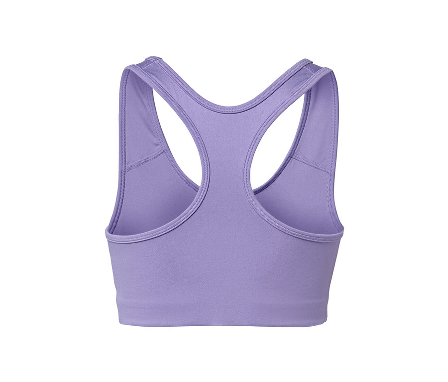 Gros plan d'une brassière de sport violette d'un ensemble de 2 avec dos nageur.