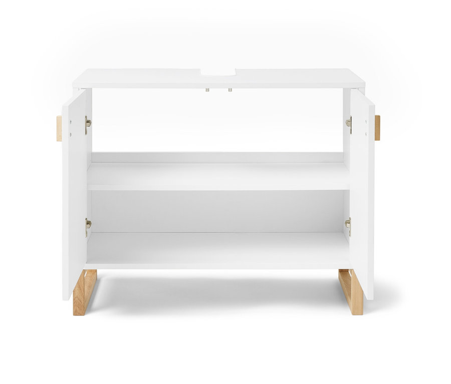 Meuble sous-vasque blanc ouvert avec 2 portes.