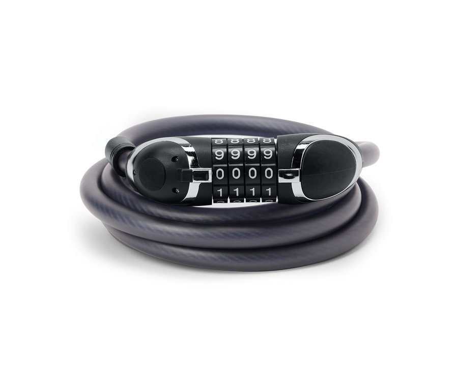 Un câble antivol universel extra-long en acier enroulé.