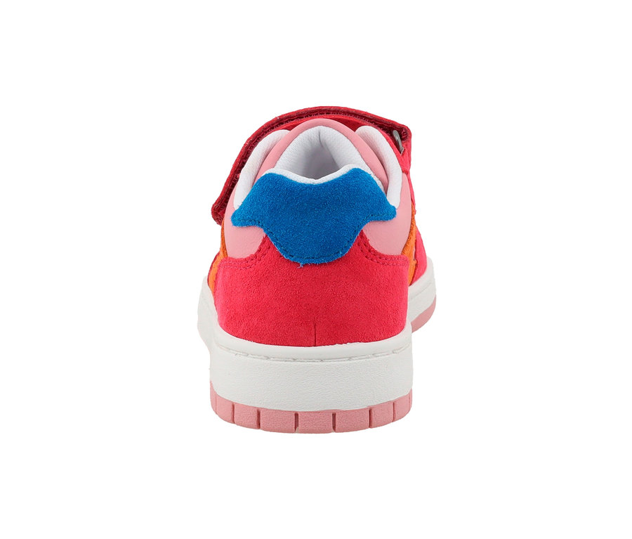 Vue arrière des baskets Lurchi « Gaio-S » avec un design rouge-rose-orange et des détails en daim bleu.