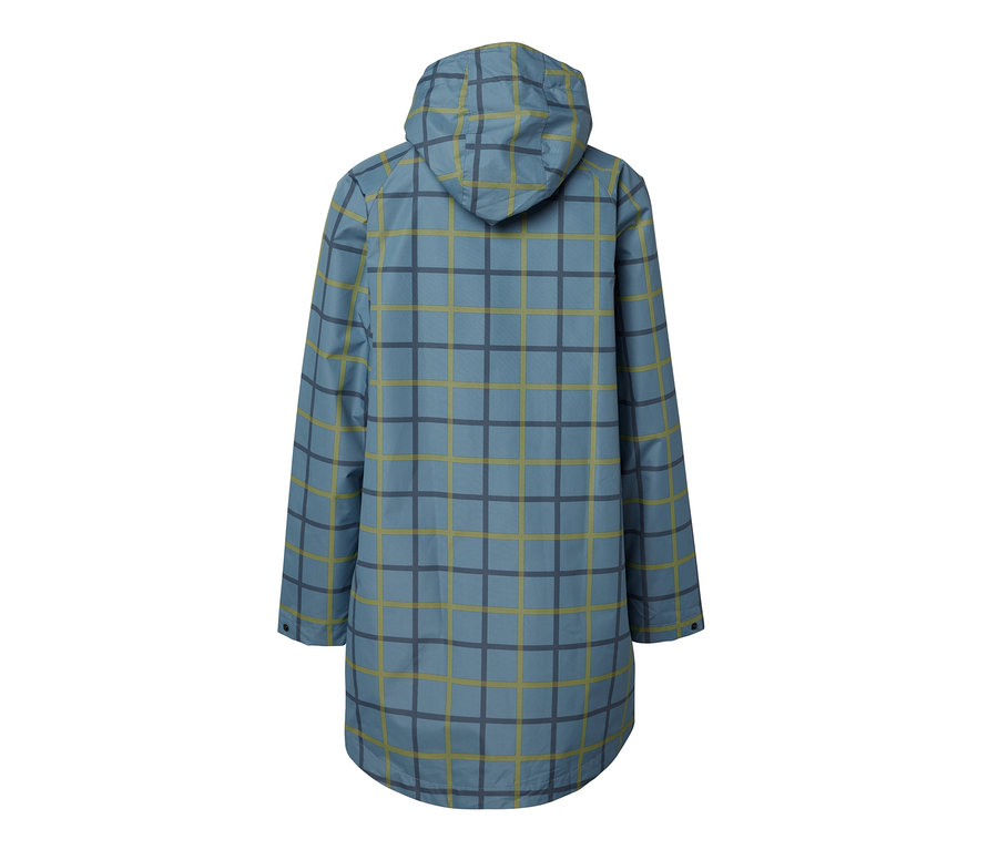 Veste de pluie bleue à carreaux avec capuche.