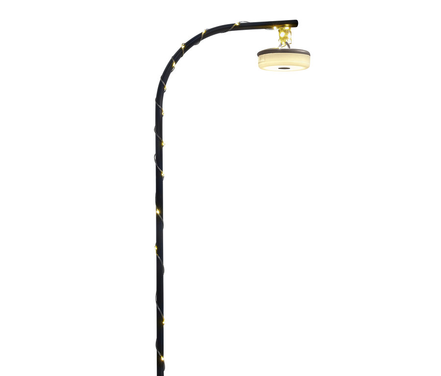 Mât incurvé noir avec guirlande lumineuse de camping 2 en 1.
