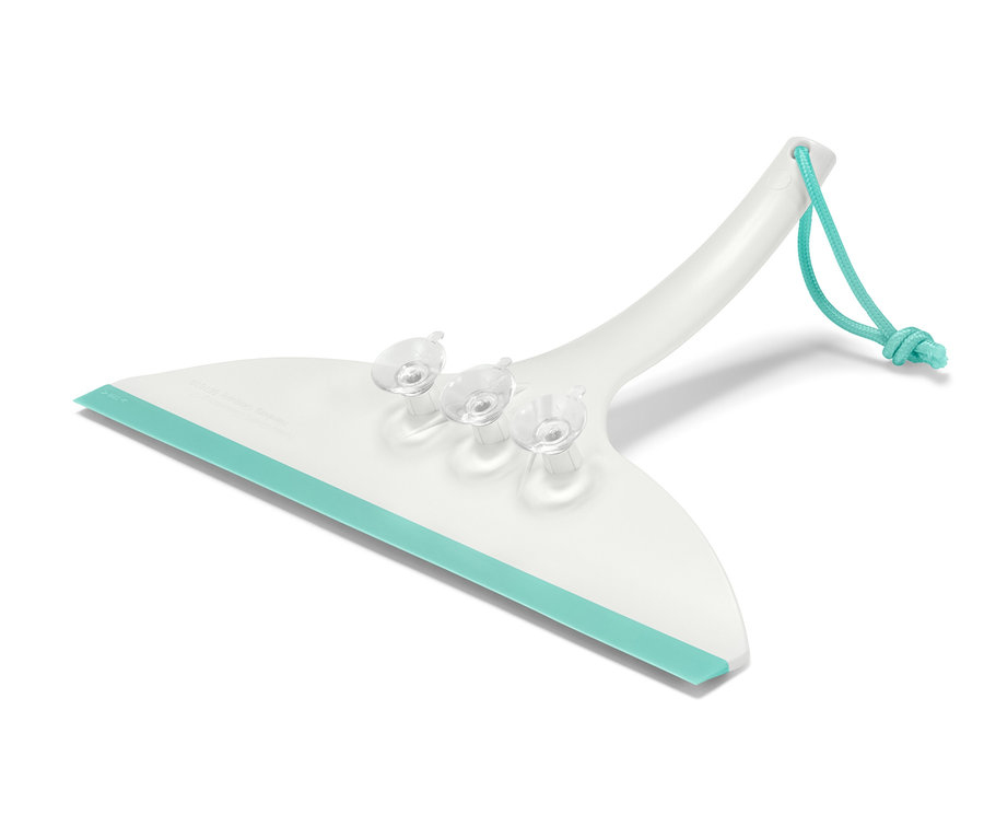 Raclette pour salle de bain blanche avec bord turquoise et ventouses.