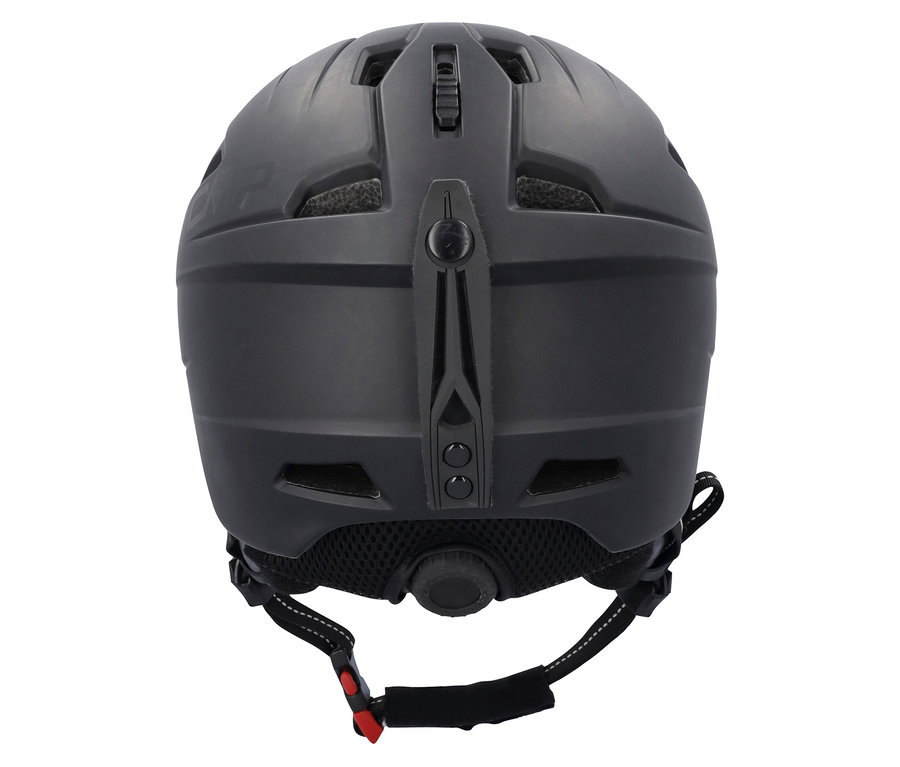 Vue détaillée de l'arrière d'un casque noir mat avec des aérations et une sangle réglable.