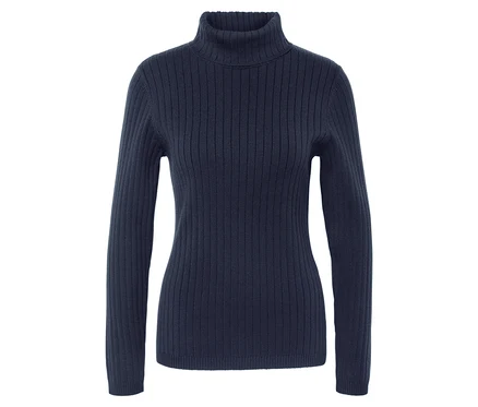 Pull bleu marine à col roulé et manches longues.