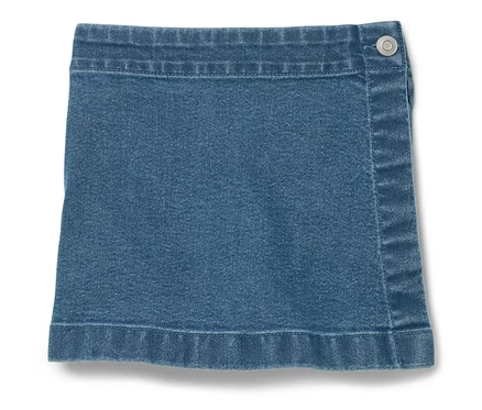 Jupe en jean bleue avec un bouton en haut à droite.