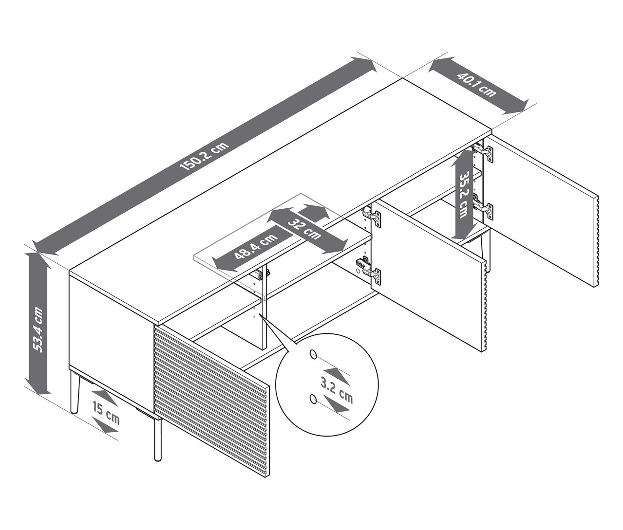 Illustration d'un meuble TV »REET« avec un aspect à lamelles et des dimensions.