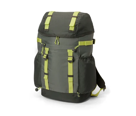 Sac à dos d’extérieur gris-vert avec des sangles vert lime.