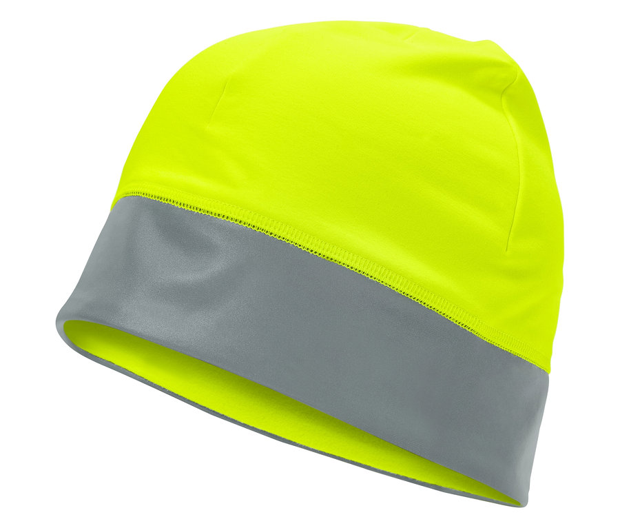 Bonnet jaune avec bordure grise.