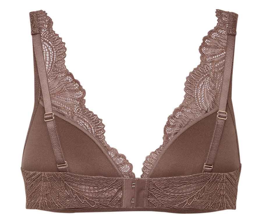 Gros plan d'un soutien-gorge en dentelle marron avec des bretelles réglables.