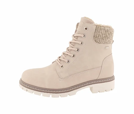 Bottine à lacets beige Tom Tailor avec détails scintillants sur fond blanc.