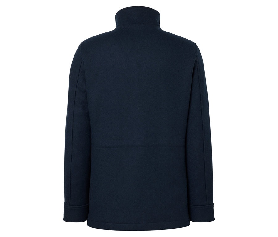 Vue arrière d'un manteau bleu marine avec un col montant.